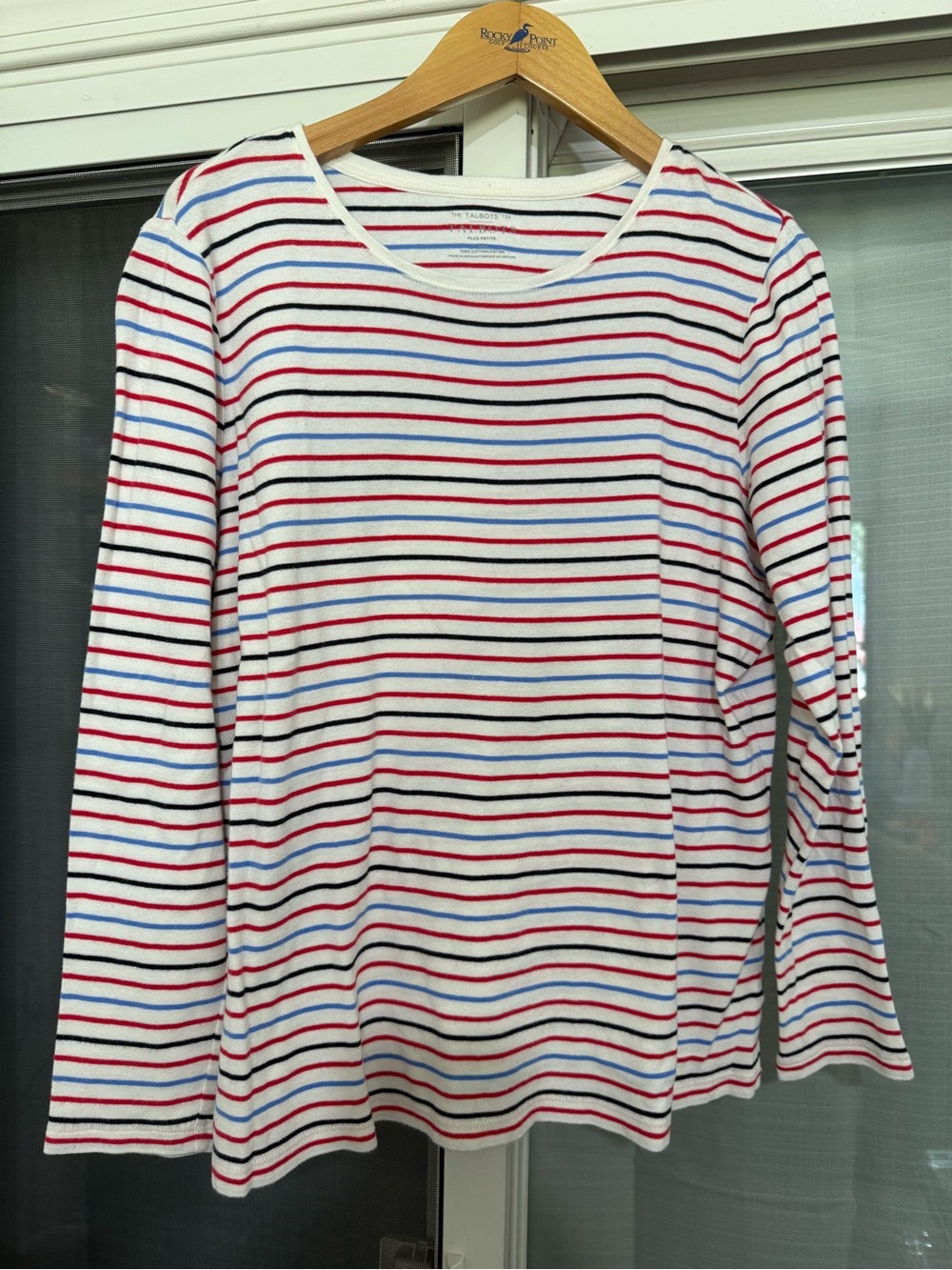 Talbots White Long Sleeve Striped Tee with Red, Blue & Black Bands